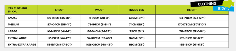 YAK CLOTHING 24 0 Size Chart